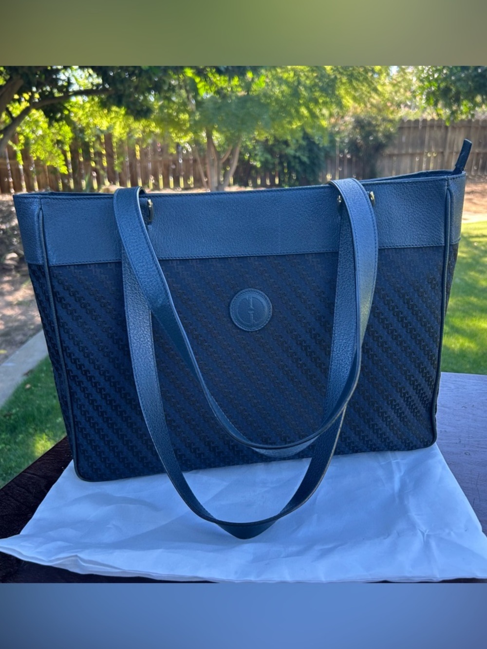 Gucci Navy Blue GG Monogram Tote Bag with Blue Leather Trim